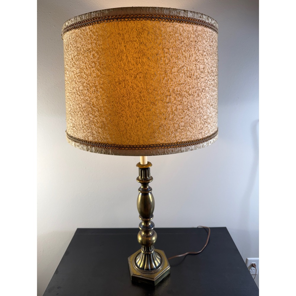 Vintage Mid Century Brass Table Lamp 35" Gold MCM Neoclassical 17" Shade Works